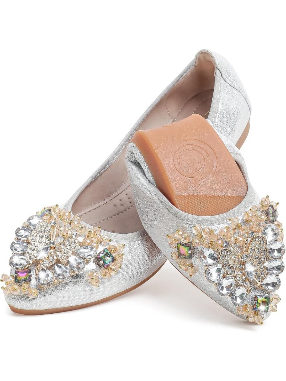 〽️Women's Silver Ballet Flat Cute Rhinestones Bow Slip on Imported Comfort Shoes